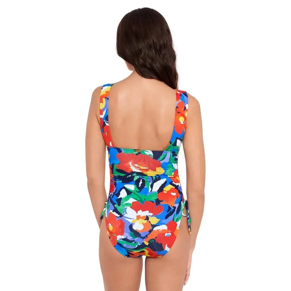 Lauren Ralph Lauren Bold Floral Shirred Plunge One Piece Swimsuit